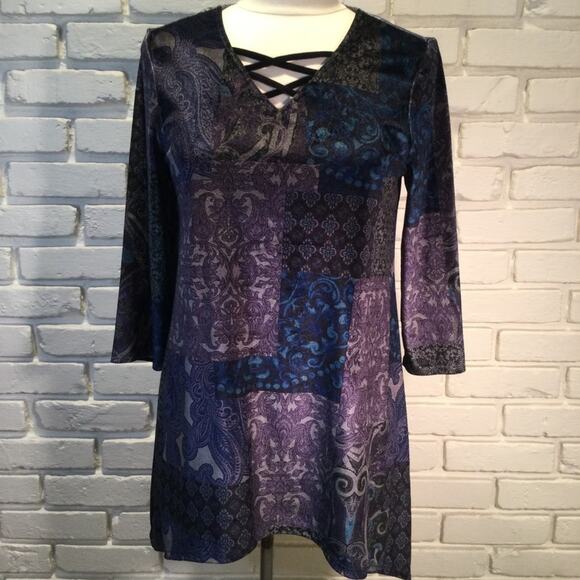 Chico's size 0 Velvet Midnight Patchwork 3/4 Sleeve Paisley Print Tunic Top S - Picture 3 of 6